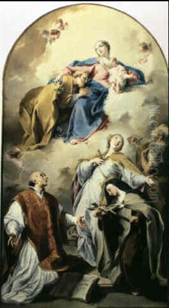 Saint Joseph Adoring The Christ Child With Ss. Ursula,      Teresa, Peter And A Bishop Saint Oil Painting by Giovanni Battista Pittoni the younger