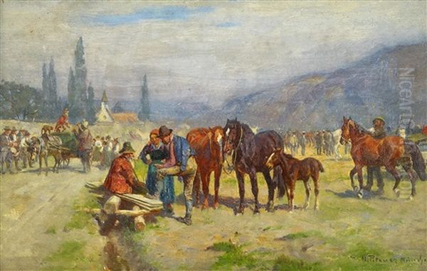 Bayerischer Pferdemarkt Oil Painting by Max Joseph Pitzner