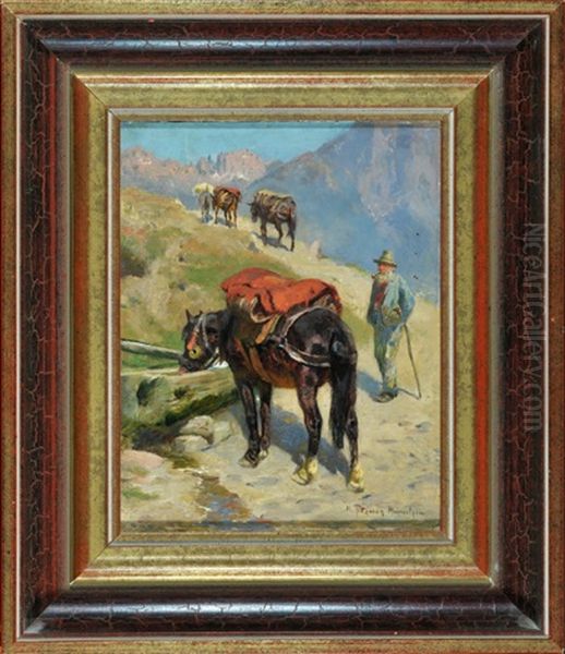 Weintransport Mit Pferden Auf Einem Saumpfad In Sudtirol Oil Painting by Max Joseph Pitzner