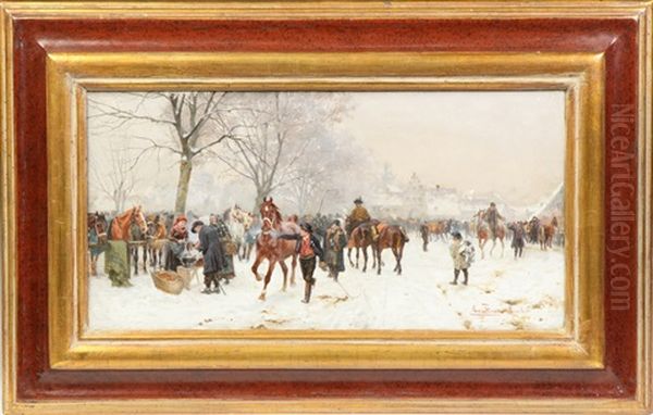 German Winter Street Scene Oil Painting by Max Joseph Pitzner