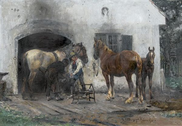 Beim Hufschmied Oil Painting by Max Joseph Pitzner