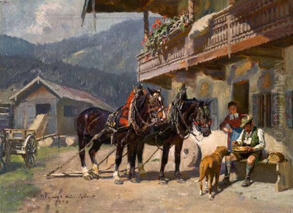 Brotzeit Vor Dem Bauernhaus Oil Painting by Max Joseph Pitzner