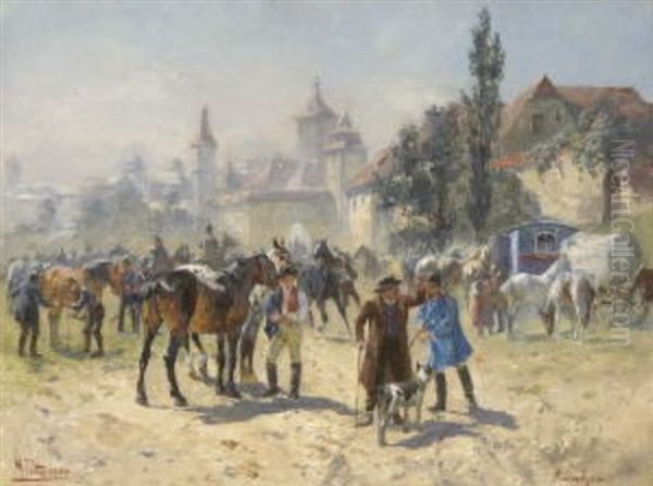 Pferdemarkt In Rothenburg O. D. T Oil Painting by Max Joseph Pitzner