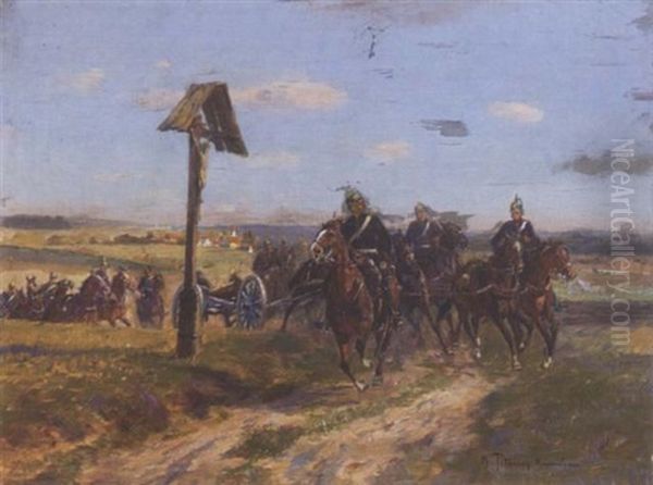 Artillerie Am Wegkreuz Oil Painting by Max Joseph Pitzner