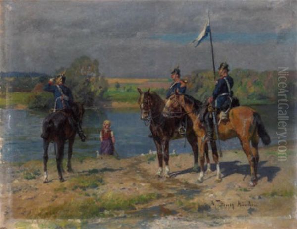 Gansemadchen Trifft Auf Kavallerie Am Flus Oil Painting by Max Joseph Pitzner