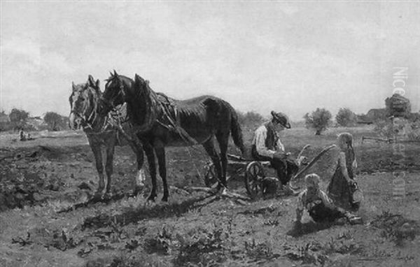 Dachauer Bauer Mit Seinen Kindern, Bei Der Rast Nach Dem Pflugen Oil Painting by Max Joseph Pitzner