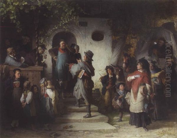 Bedenkliche Ankunft Einer Wandernden Schauspielertruppe Vor Einem Dorfwirtshaus Oil Painting by Theodor Pixis