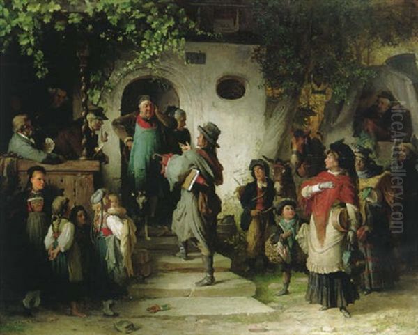 Bedenkliche Ankunft Einer Wandernden Schauspieltruppe Vor Einem Dorfwirtshause Oil Painting by Theodor Pixis