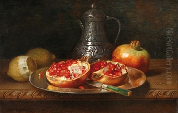 Nature Morte Aux Grenades Et Citrons Sur Un Entablement Oil Painting by Claudius Pizetta