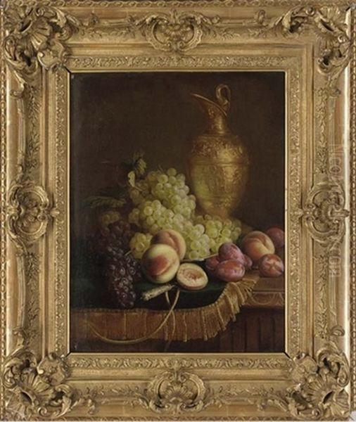 Grapes, Peaches, Plums And An Ornamental Bronze Ewer On A Draped Ledge Oil Painting by Claudius Pizetta