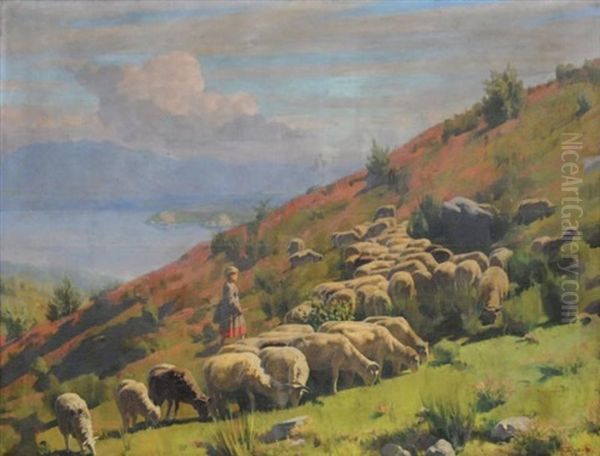 Moutons Au Bord Du Lac Oil Painting by Oreste Pizio