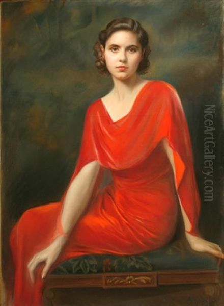 A Portrait Of A Lady In Red Oil Painting by Edmund Pizzela