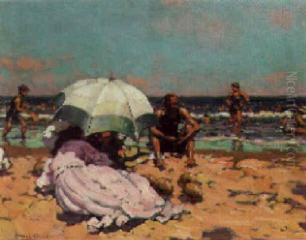 A Day On The Beach Oil Painting by Alberto Pla y Rubio