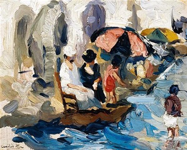 Mujeres En La Playa (ladies On The Beach) Oil Painting by Cecilio Pla