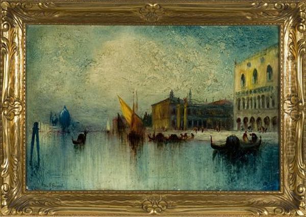 Venetian Scene With Gondolas. Oil Painting by George Henry Bogert