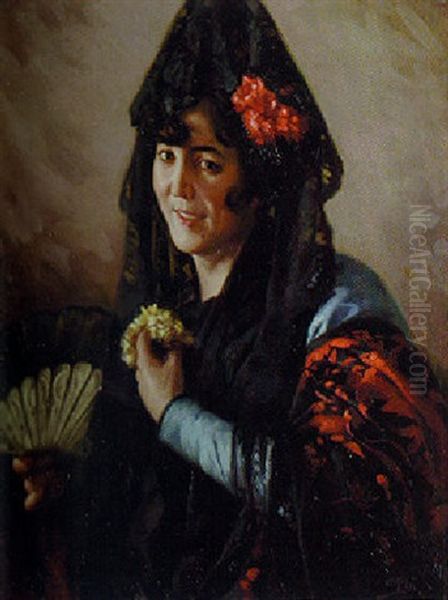 An Elegant Lady Wearing A Mantilla Oil Painting by Cecilio Pla