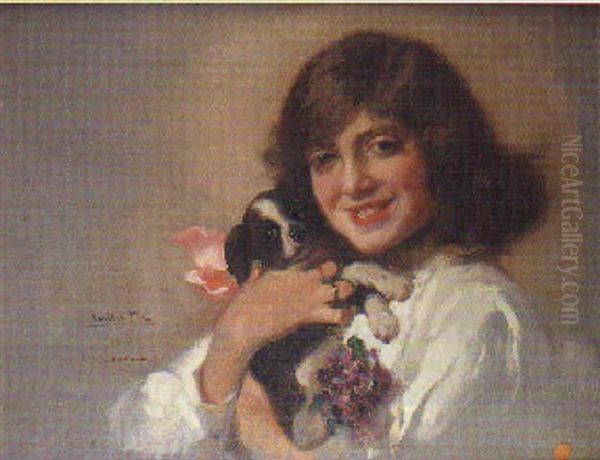 Cristina Pla Con Un Perrito Oil Painting by Cecilio Pla