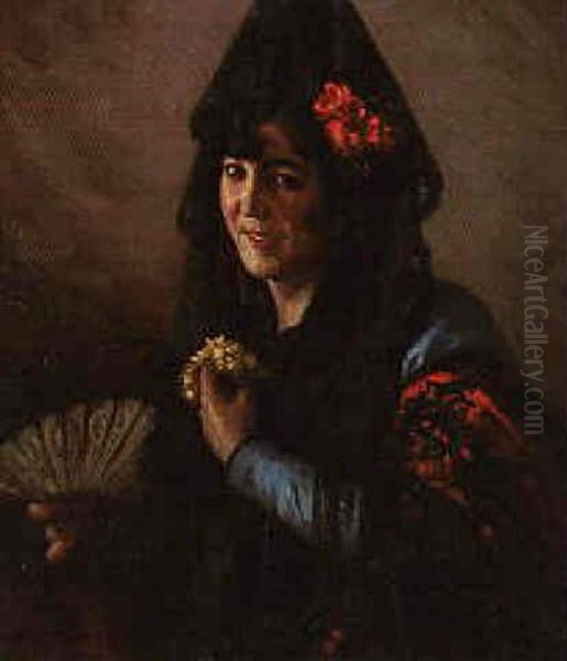 An Elegant Lady Wearing A Mantilla Oil Painting by Cecilio Pla