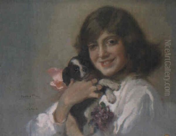 Cristina Pla Con Un Perrito Oil Painting by Cecilio Pla