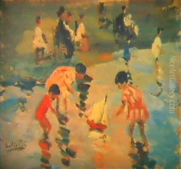 Ninos En La Playa Oil Painting by Cecilio Pla