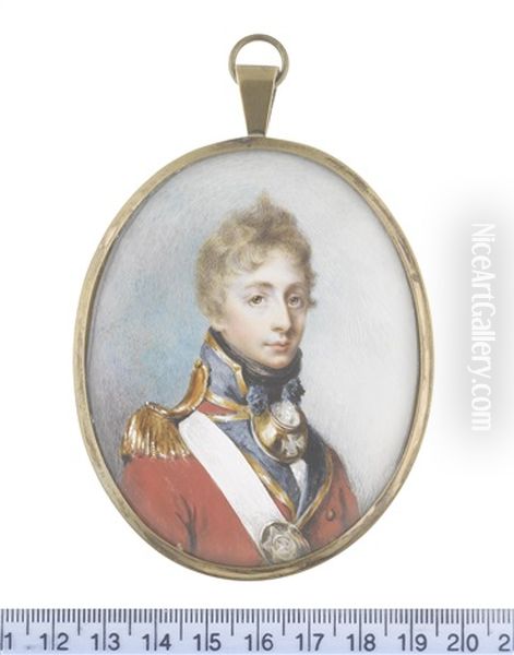 An Officer, Wearing Red Coat With Blue Facings Edged With Gold, Gold Epaulette, Brass Gorget Dressed With Blue Tassels, White Cross Belt With Oval Regimental Belt Plate by George Place