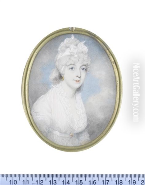 A Lady, Wearing White Dress With Frilled Neckline And Lace Slip, A Small Gold Buckle To Her Waistbelt, Gold Hoop Earring, Her Powdered Hair Dressed... Oil Painting by George Place