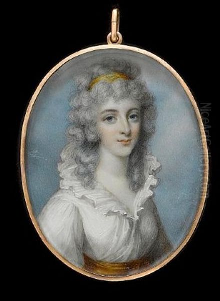 A Lady, Wearing White Dress With Frilled Collar And Orange Sash, Her Curled And Powdered Hair Worn Long And Dressed With An Orange Bandeau by George Place