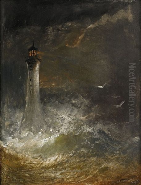 Fyrtorn I Storm Oil Painting by Arnold Abraham Plagemann