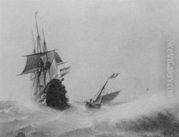 Dutch Merchant Ship And Fishing Vessel In A Choppy Sea Oil Painting by Arnold Abraham Plagemann