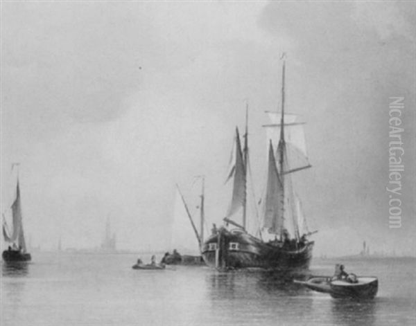 Dutch Vessels Off The Coast In A Calm by Arnold Abraham Plagemann