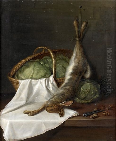 Nature Morte Aux Lapins Et Aux Choux Avec Noisettes Et Casse-noisette Oil Painting by Augusta Plagemann