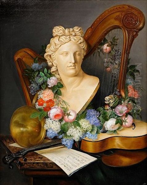 Stilleben Med Musikinstrument Och Blommor Oil Painting by Augusta Plagemann