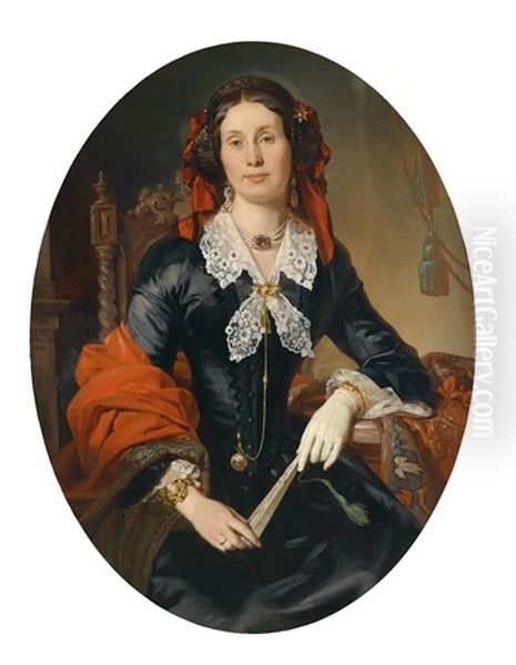 Bildnis Anna Reitter Geb. Lorenz (1815-1881) Mit Rotem Tuch Oil Painting by Josef Plank