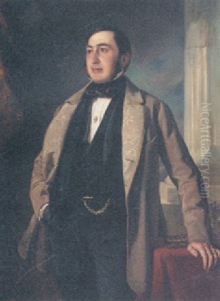 Portrait Of A Gentleman Standing In A Dark Suit Beside A Column Oil Painting by Josef Plank