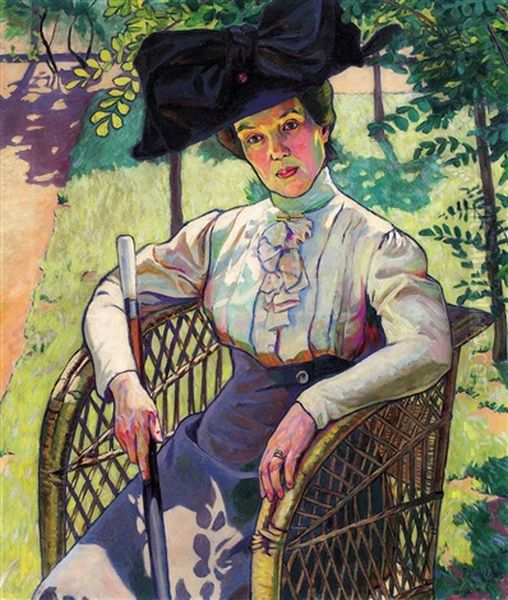 Lady In A Hat In Sunny Garden (my Mother In The Garden) Oil Painting by Ervin Plany