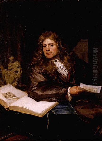 Portrait Of A Collector In His Study, Seated At A Table, Holding A Drawing And Surrounded By Sculptures And A Drawing Folio Oil Painting by David van der Plas