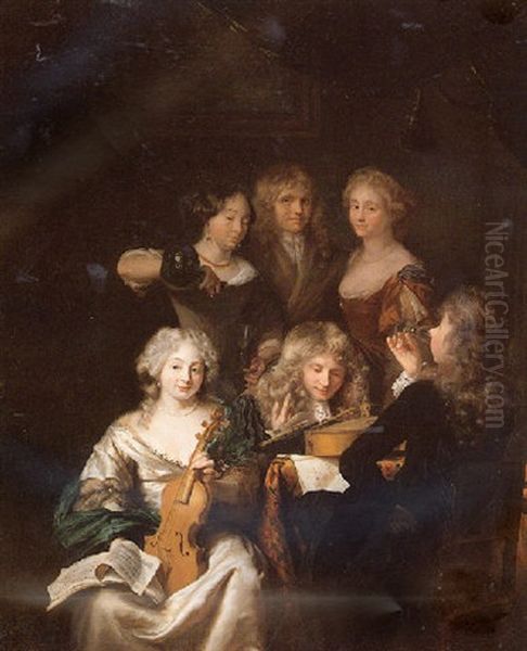 A Group Portrait Of Elegant Figures, Drinking And Playing Music Oil Painting by David van der Plas