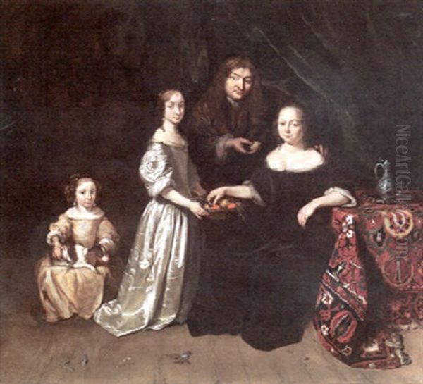 A Portrait Of A Couple And Their Two Daughters In An Interior Oil Painting by David van der Plas