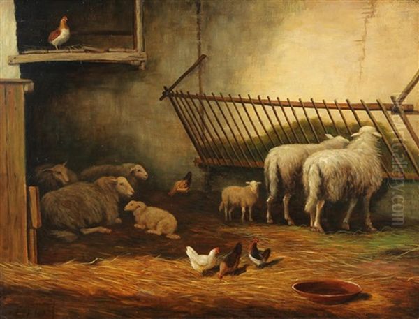 Untitled - Sheep Resting At Stable Oil Painting by Laurens Plas