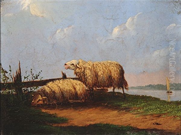 Sheep By The Water (+ Ewe With Two Lambs; 2 Works) Oil Painting by Pieter Plas