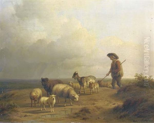 A Shepherd And His Flock Oil Painting by Pieter Plas