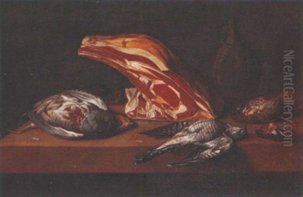 A Still Life Of Meat, Game And Songbirds Beside A Flask Of Wine On A Wooden Table Oil Painting by Pieter van Plas