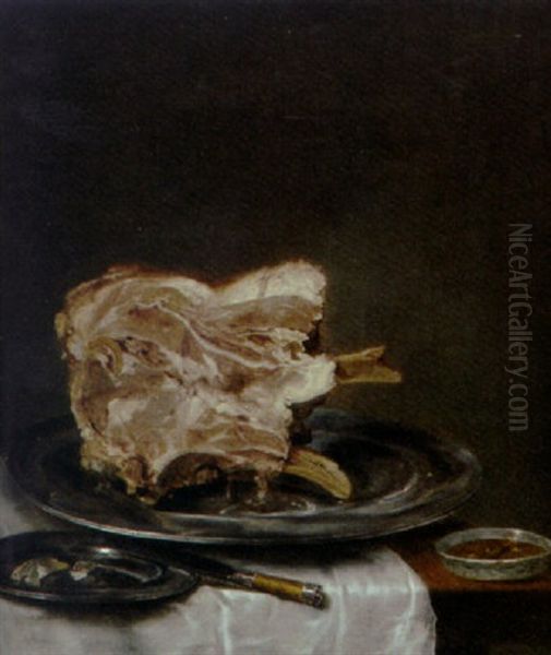 A Joint Of Meat And Oysters On A Pewter Plate, With A Knife And A Porcelain Dish Of Soup On A Partially Draped Table by Pieter van Plas