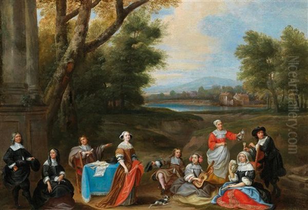 An Architect Showing Plans To A Family In Aristocratic Attire Against A Landscape Backdrop Oil Painting by Pieter Van Der Plas