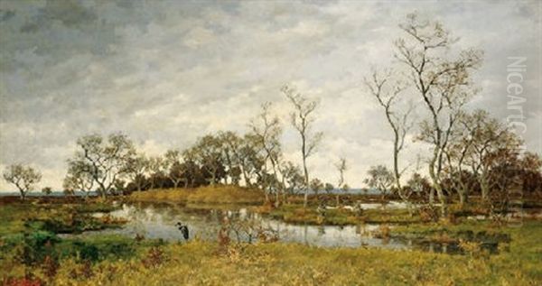 Paysage De Marais Au Heron Oil Painting by Eugene Plasky