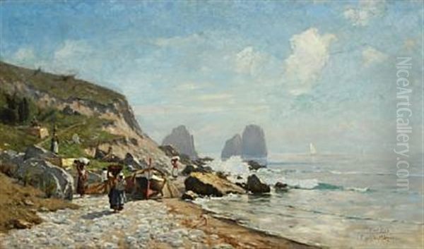 Coastal Scenery From Capri With The Faraglioni Cliffs In The Background Oil Painting by Ernst Ludwig Plass