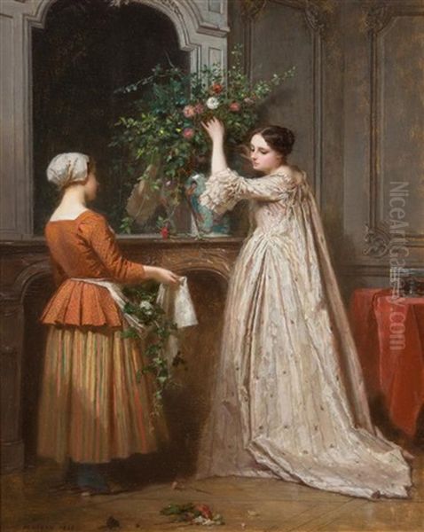 Arranging The Bouquet, 1853 Oil Painting by Antoine Emile Plassan