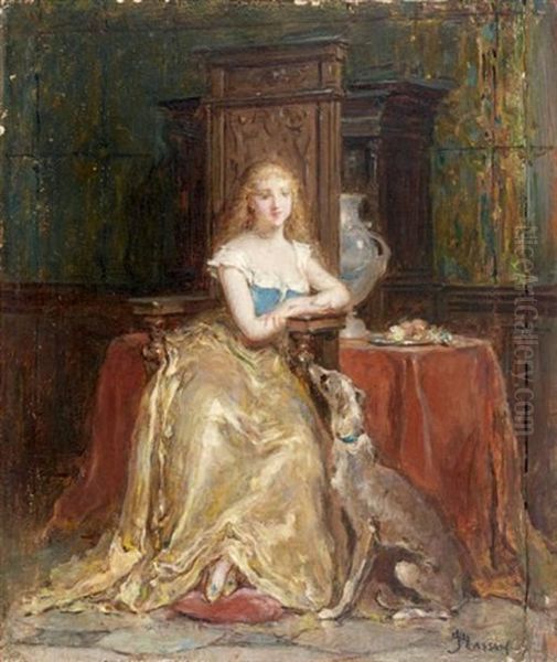 Jeune Elegante Dans Son Interieur Avec Un Levrier Oil Painting by Antoine Emile Plassan