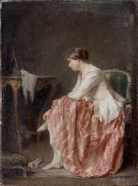 Jeune Femme Delacant Ses Chaussures Oil Painting by Antoine Emile Plassan