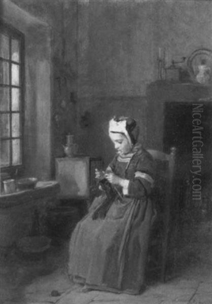 Knitting Fireside Oil Painting by Antoine Emile Plassan